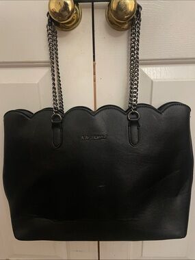 Betsey Johnson Black Scalloped Tote Bag with Chain Straps